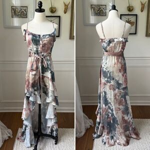 Sukiso Juliet Romantic Hi Low Earthy Watercolor Tie Dye Satin Ruffle Dress $329